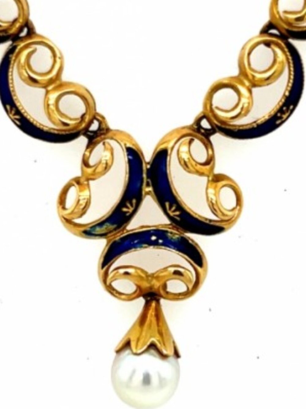 18K Art Nouveau Solid 18K Yellow Gold Enamel Pearl Necklace